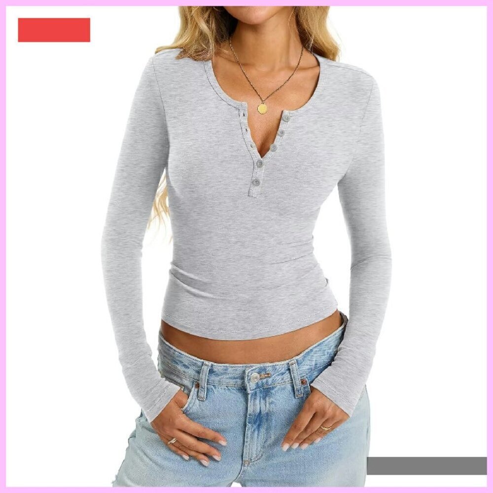 Women's Cotton Long Sleeve V-Neck Henley Slim Fit Basic Tee